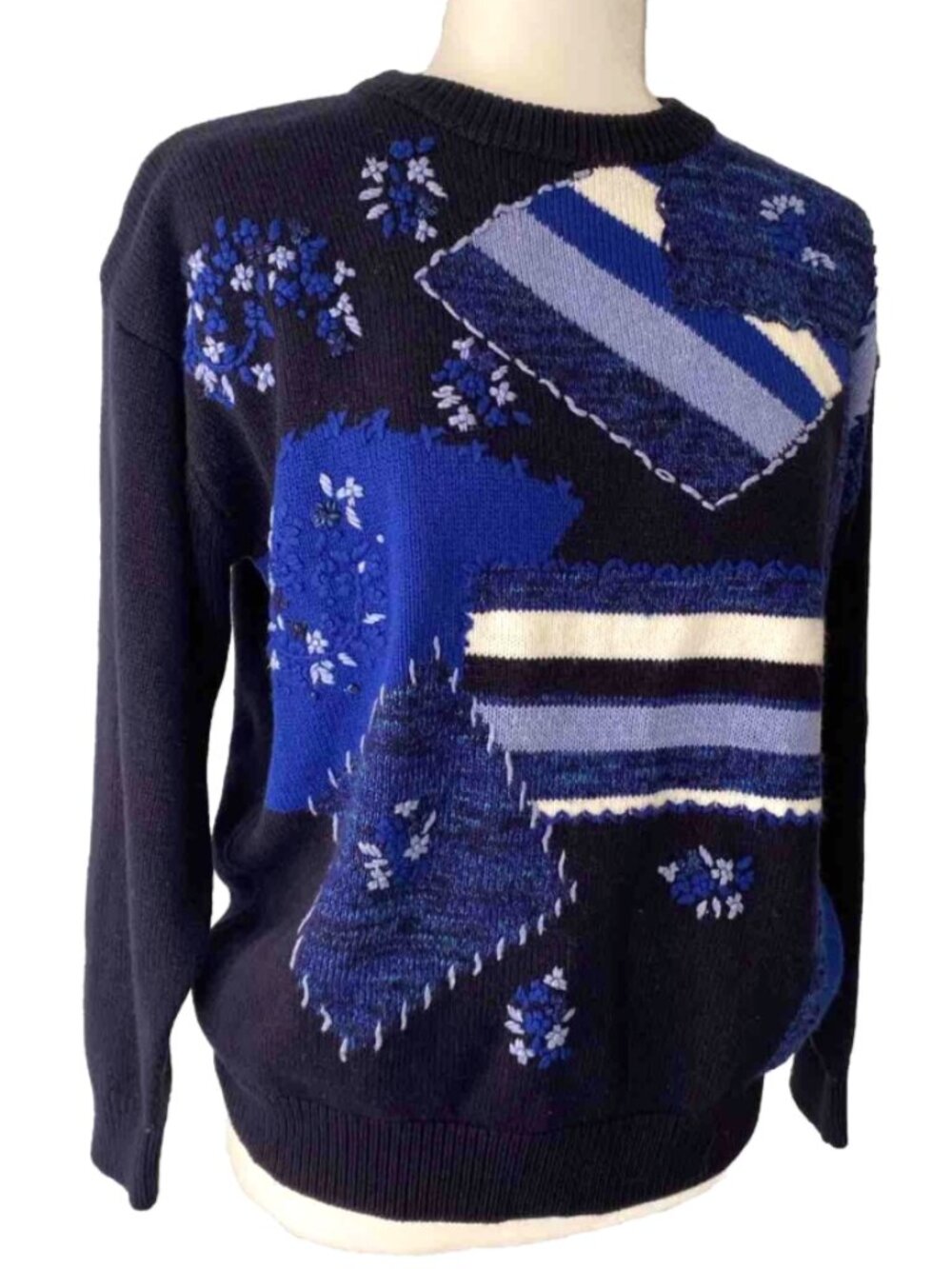 Vintage Joyce Patchwork Embroidered Sweater Wearable Art Boho Artsy Knit Medium